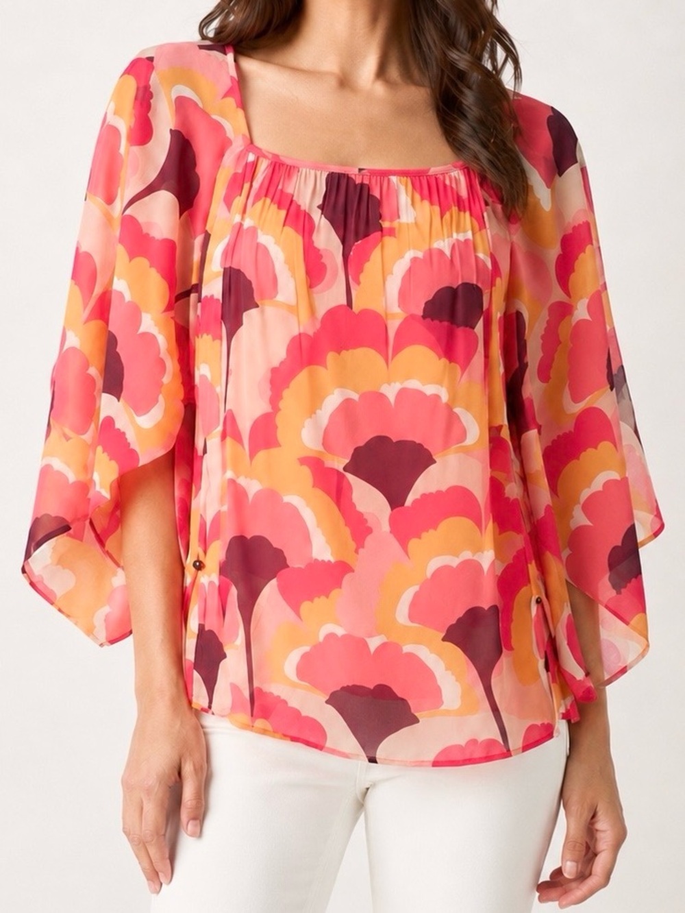 Trina Turk Silk Blend Abstract Kimono Sleeve Top S